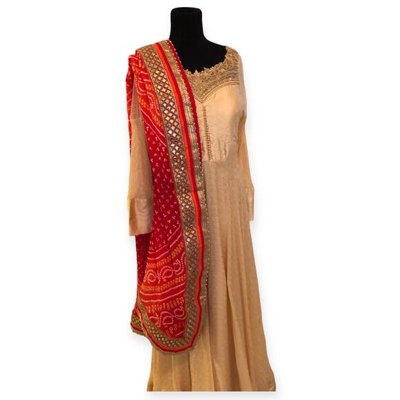 Anarkali Suit With Bandhani Dupatta Royal Neckline Gold Embellishment - Picture 2 of 9